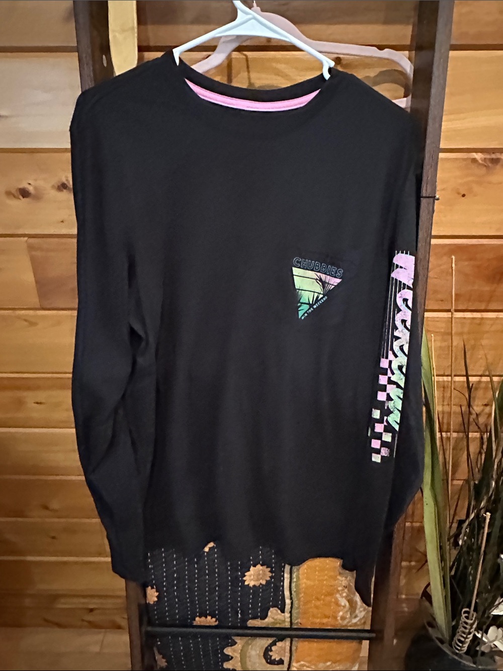 chubbies Black Long-Sleeve Tee with Pink and Teal Graphics weekend down 1 sleeve